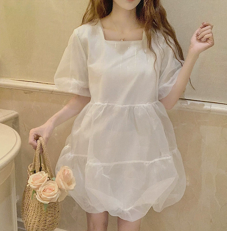 [Dear YN] "Mousse sữa" nữ ngọt ngào 2019 váy từ váy cao eo phồng tay áo - Sản phẩm HOT