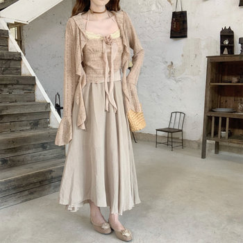 Jiangnan yanyu ແບບຈີນໃຫມ່ zen ruffled ພາຍນອກສອງສິ້ນຊຸດດູໃບໄມ້ລົ່ນສໍາລັບແມ່ຍິງ