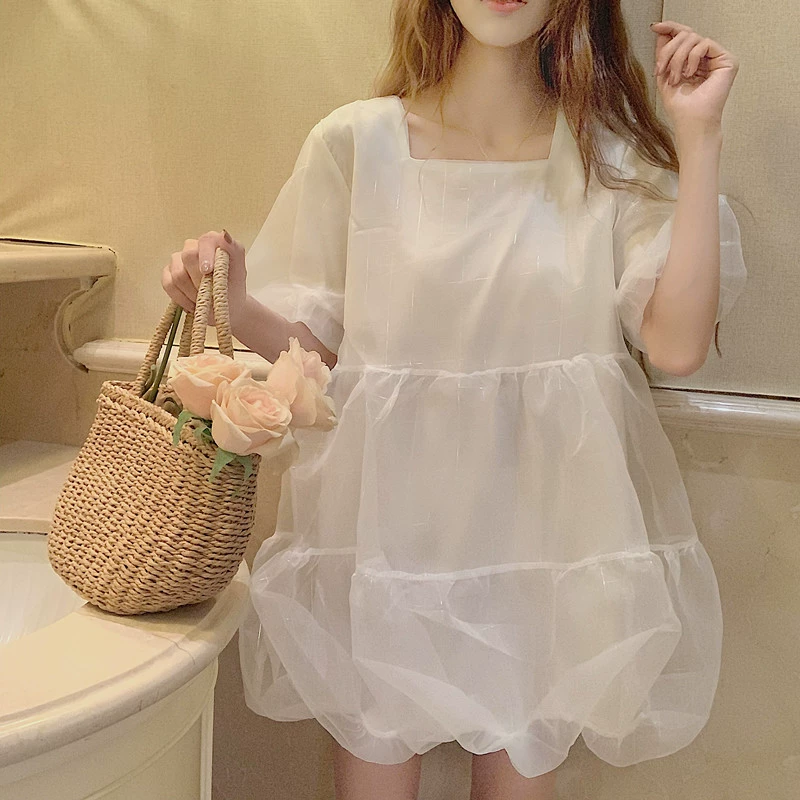 [Dear YN] "Mousse sữa" nữ ngọt ngào 2019 váy từ váy cao eo phồng tay áo - Sản phẩm HOT