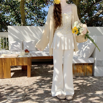 Early spring versatile design fake two-piece pleated butt curtain pants micro-flare pants casual trousers for women
