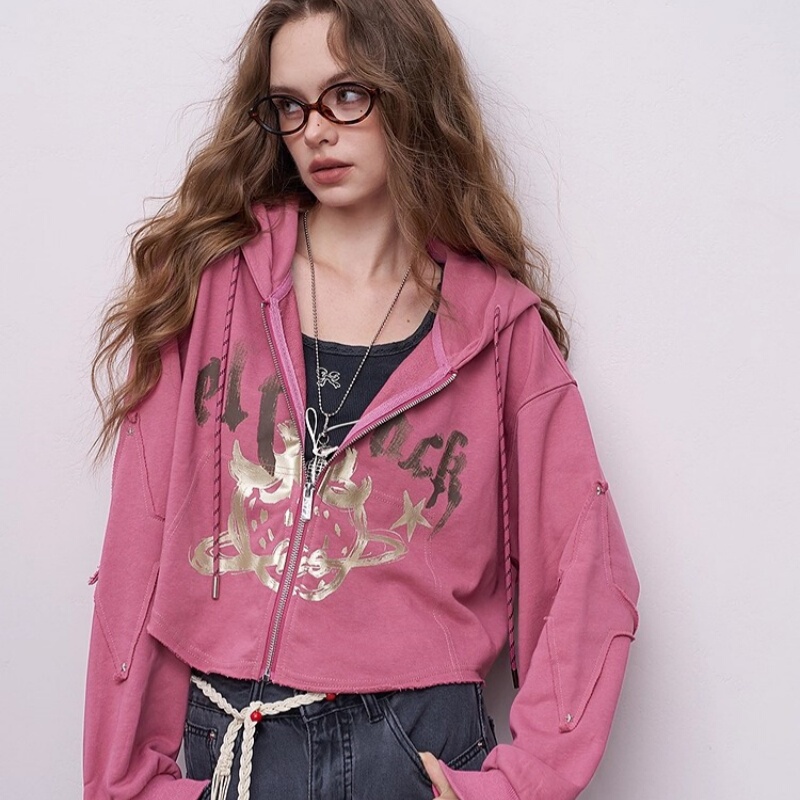 American Retro Hooded Sweatshirt Jacket for Women 2025 Autumn New Short Style for Petite Figures with Strawberry Print Thin Cardigan