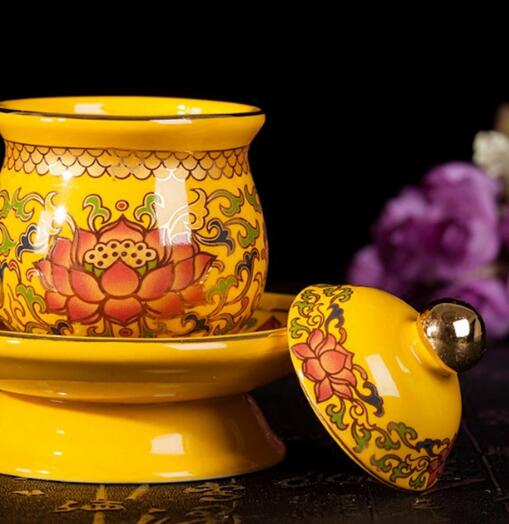 Guanyintang real golden Tang color holy water cup Guanyin cup for Buddha cup lotus wordless water purification cup ceramic Buddha Buddha hall