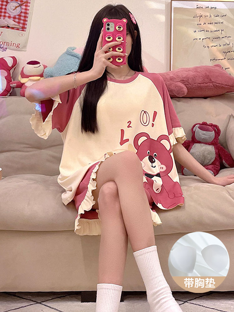 <!--带胸垫新款睡衣女士夏季短袖可爱两件套装可外穿防凸点薄款家居服-->
