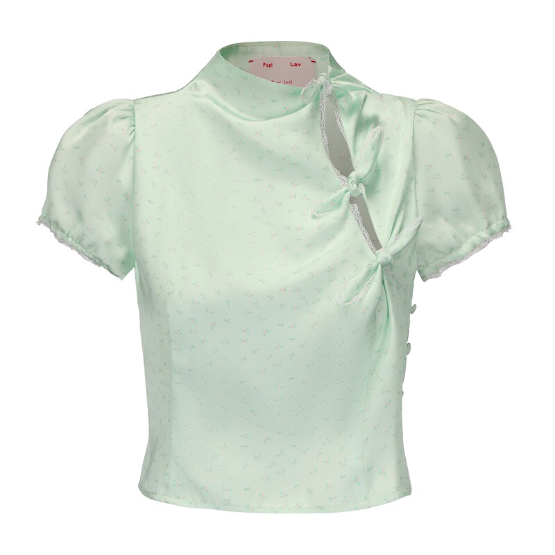 Papi Lav Green Printed Amber Puff Sleeve Top, Skin-Friendly Satin, New Chinese Style Diagonal Placket, Lace Bow