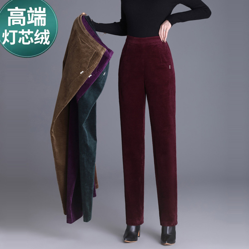 Burgundy Pure Cotton High-Waisted Corduroy Straight-Leg Pants for Women, 2025 Winter Slim-Fit Casual Long Pants with Elastic Waistband