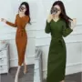 Thu đông 2017 mới thời trang Hàn Quốc gợi cảm đầm cổ chữ V dài tay thắt eo thắt eo đầm nữ váy len body dài