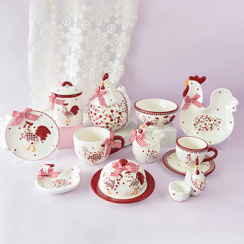 Red Floral Chicken Bowl, Plate, Cup Set, Three-Dimensional Relief-Shaped Tableware, Creative Western-Style Dessert Salad Plate