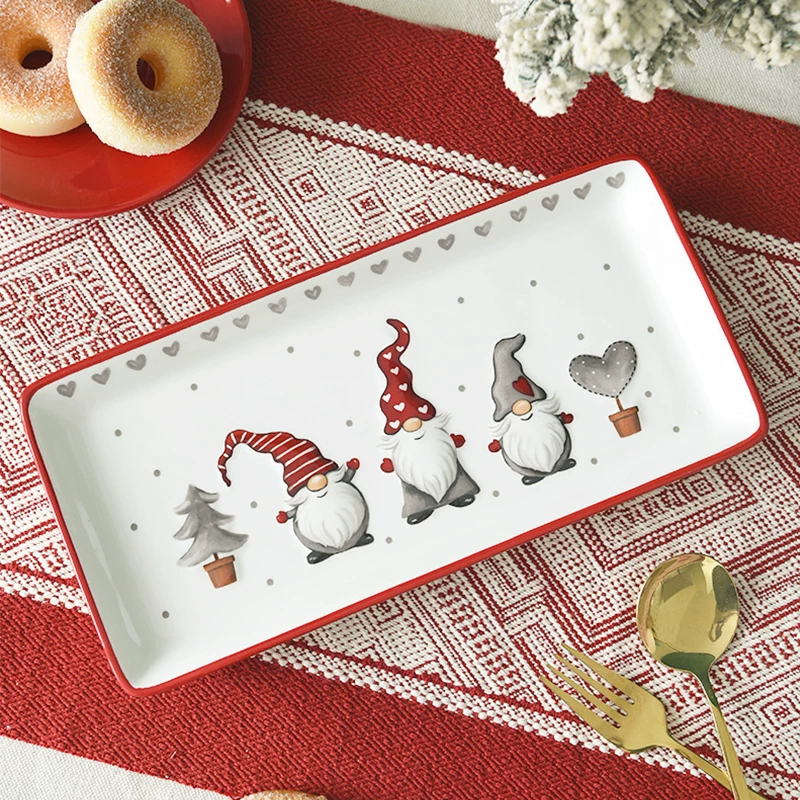 Rectangular Christmas plate Nordic ceramic flat kitchen house tableware relief shallow plate creative western dining steak