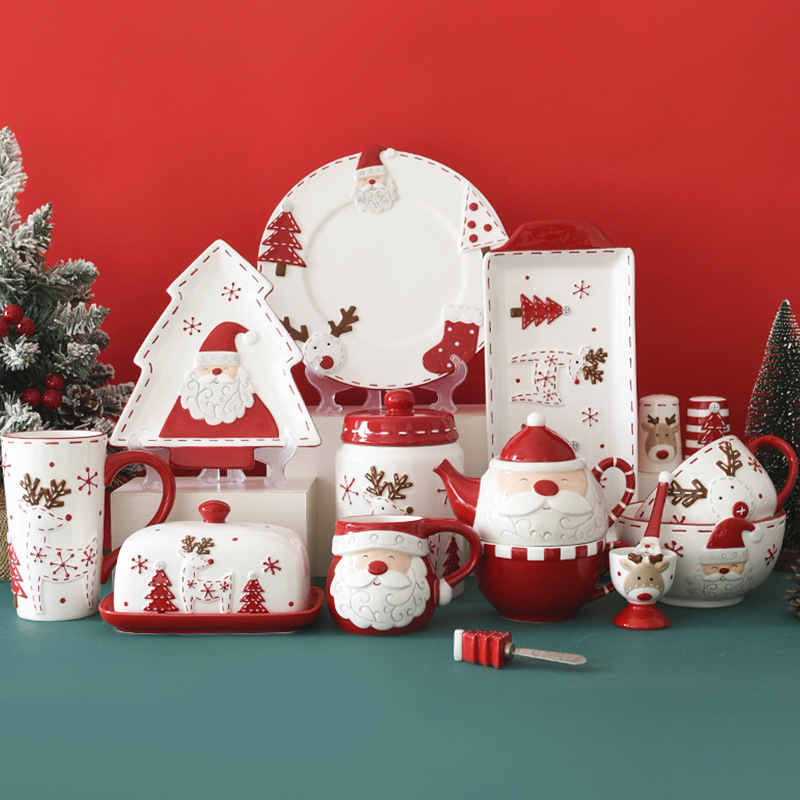 Nordic Stitched Santa Claus Bowl, Plate, and Cutlery Set with Embossed Sealing Seasoning Western-Style Ceramic Flat Plate and Cup
