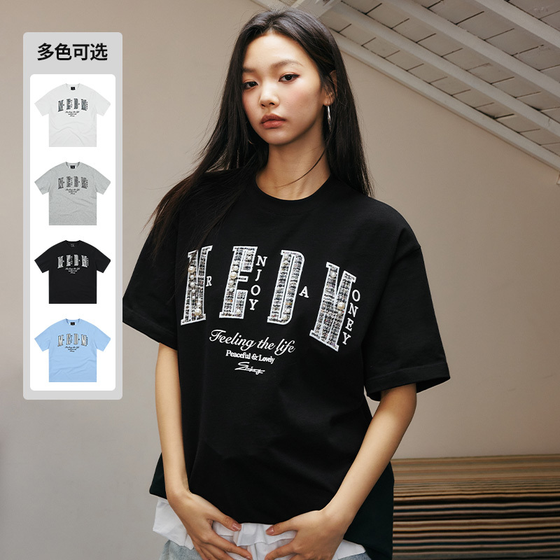 【Shen Yue's Style】 Medm26Ss Chanel-Style Pearl-Embellished Letter Short-Sleeve T-Shirt for Men, Summer American-Style Tee