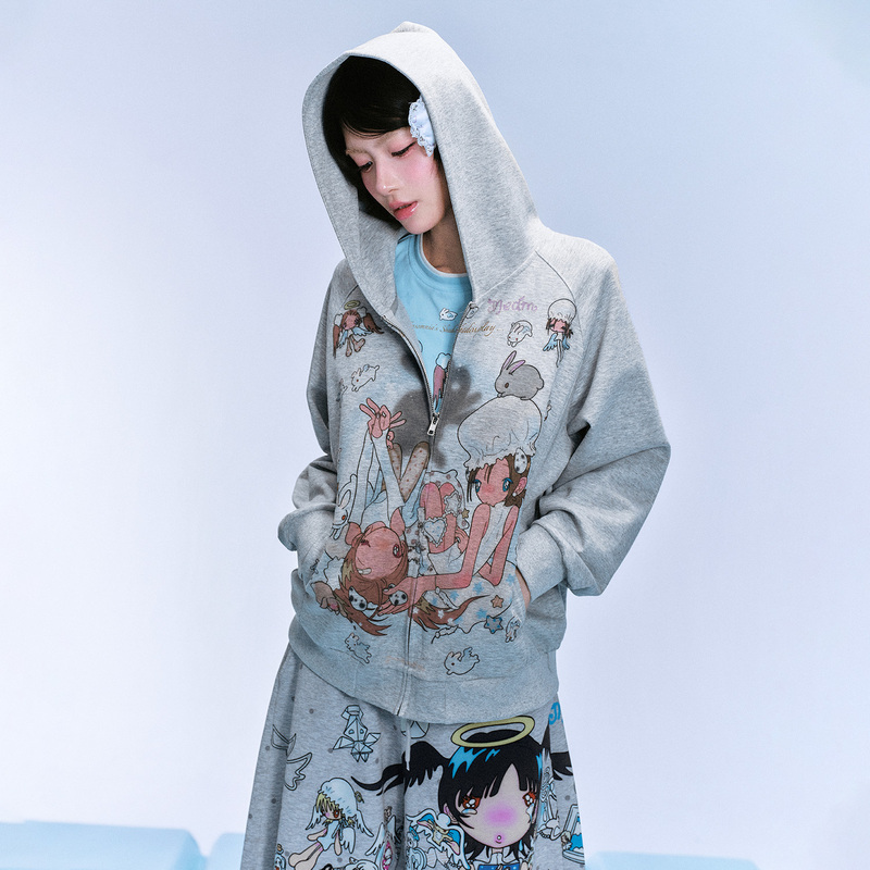 Medm×Niao Niao Yilian Collaboration - [Same Style as Sha Yiting] Rabbit Hand Shadow Zipper Hoodie Women's Autumn Hooded Sweatshirt