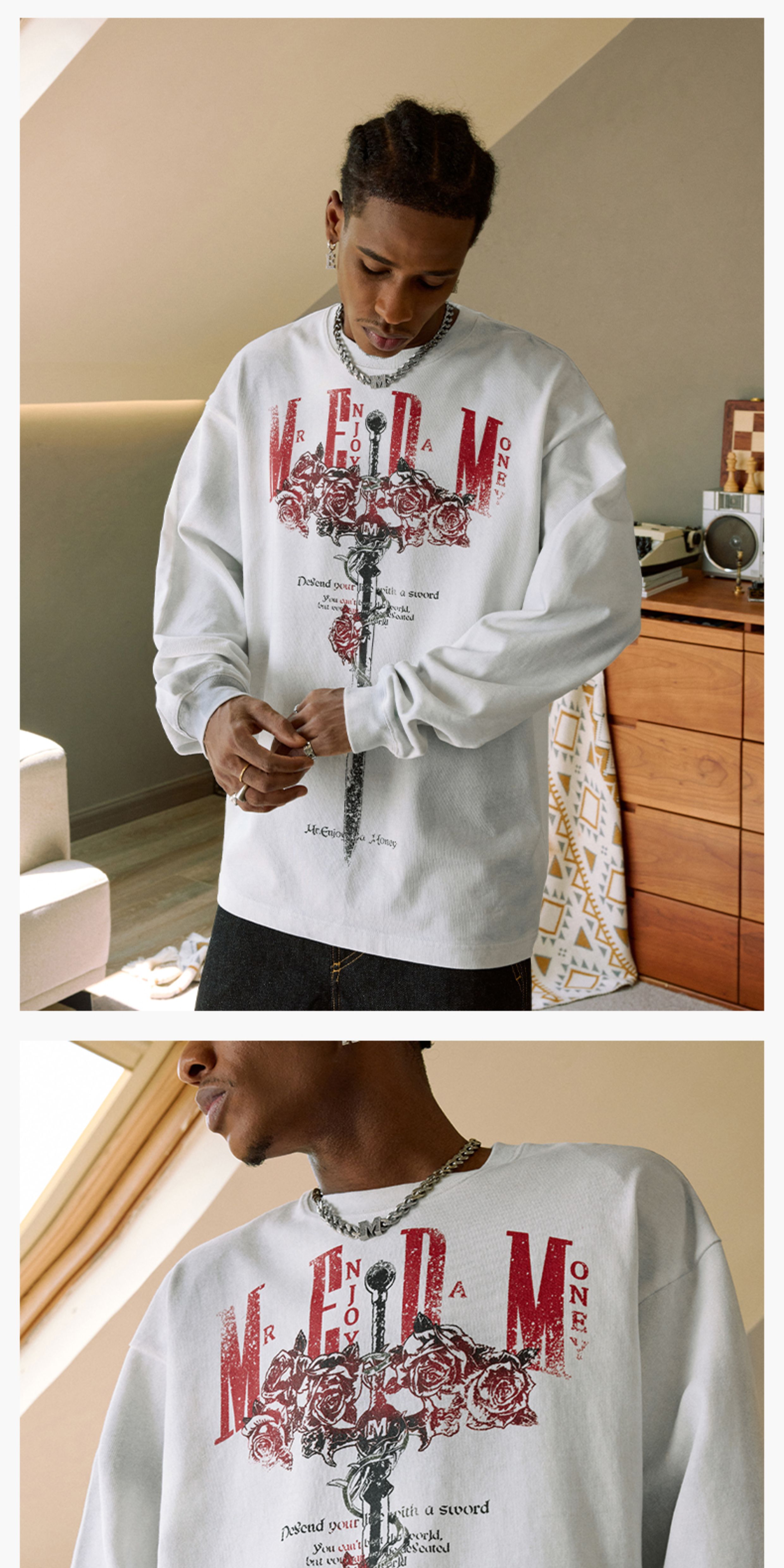 MEDM Floral Print Black American Retro Long-Sleeve Tee