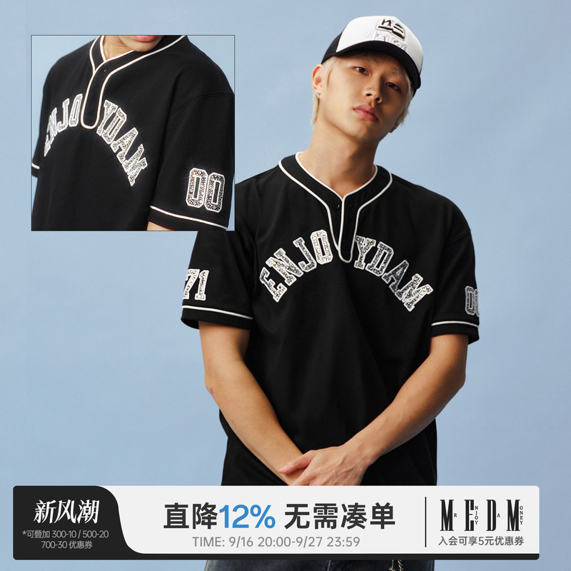 Medm Rhinestone Embroidered Loose Baseball Shirt Short Sleeve Summer New Vintage Street Style Casual T-Shirt for Men and Women