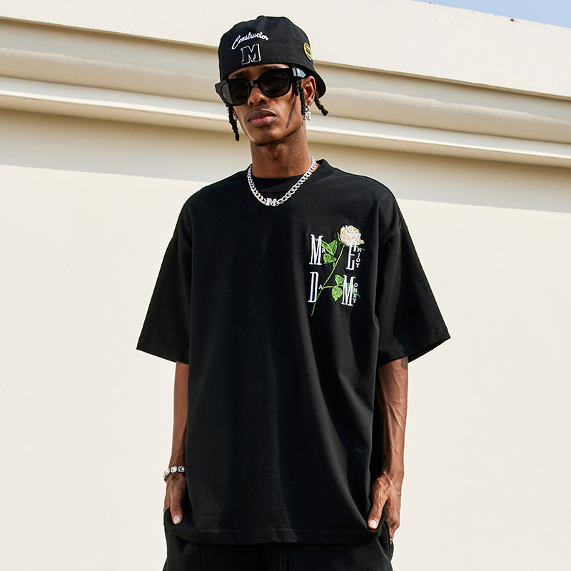 MEDM trend brand rose three-dimensional embroidery American street embroidery short sleeve t-shirt men summer loose couple top