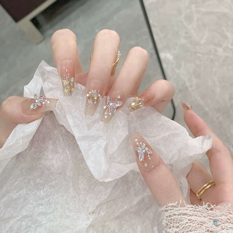 Wings of Butterfly Pure Handmade Wearable Nails, Sparkling French Style, Elegant and Brightening, Summer High-End Feel, Ten Nail Pieces