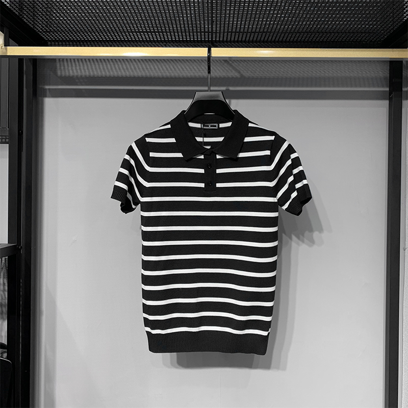 Autumn and Winter New Men's Polo Sweater Short-Sleeved Knitwear Fashionable Striped Jacquard Youth Large Size Half-Sleeve T-Shirt Trendy