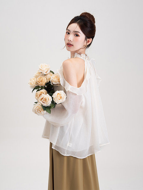 French-Style Three-Dimensional Floral Halter Neck Off-Shoulder Chiffon Blouse for Women, 2025 Autumn New Ruffled Long-Sleeve Thin Shirt