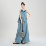 Синяя трехмерная летняя майка топ без рукавов, джинсовые штаны, в цветочек, оверсайз, свободный крой