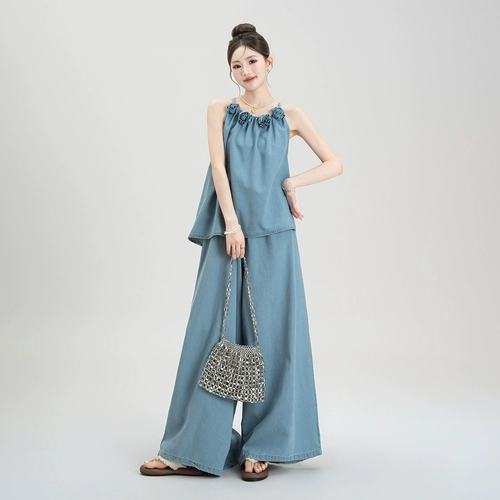 Синяя трехмерная летняя майка топ без рукавов, джинсовые штаны, в цветочек, оверсайз, свободный крой