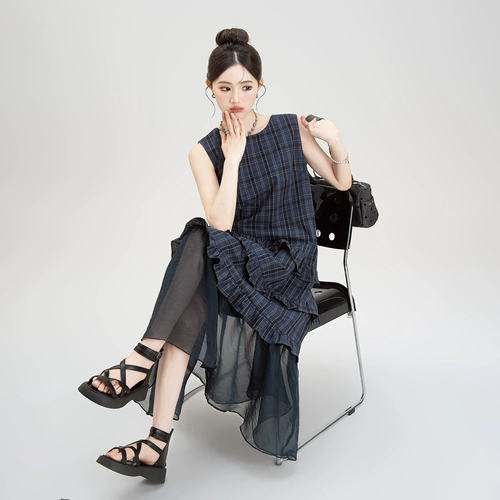 Синий летний жилет без рукавов, длинная юбка, свободный крой