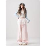 Розовый кружевной комплект, весенние штаны для отдыха, тренд сезона, свободный прямой крой