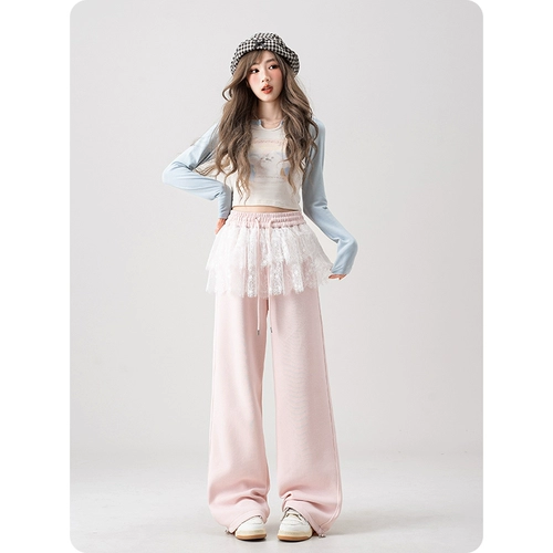 Розовый кружевной комплект, весенние штаны для отдыха, тренд сезона, свободный прямой крой