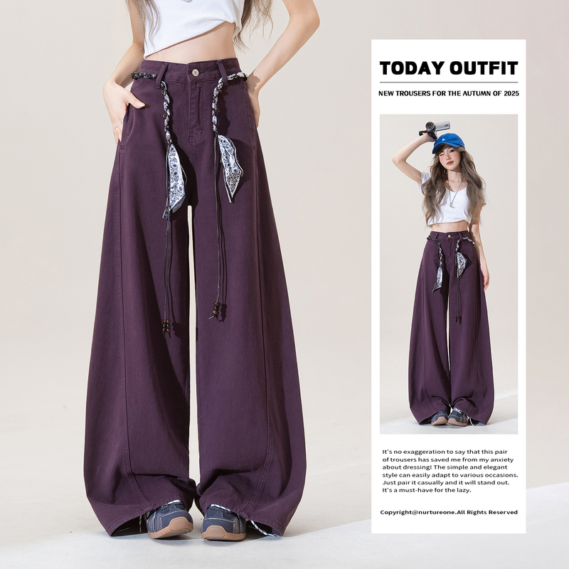 Purple American Retro Wide-Leg Scimitar Pants for Women, Autumn Outfit, Korean Style, Loose Fit, Slimming Jeans with Belt
