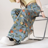 Синие летние штаны, в цветочек, эластичная талия, на шнурках, свободный крой, подходит для подростков