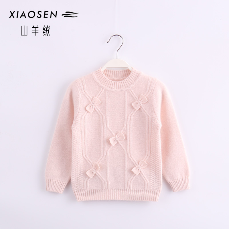 Soft~ Girls' Cashmere Sweater, Small and Medium-Sized Children's Knitted Cashmere Sweater, Infant Baby Pink Bow Thick Style