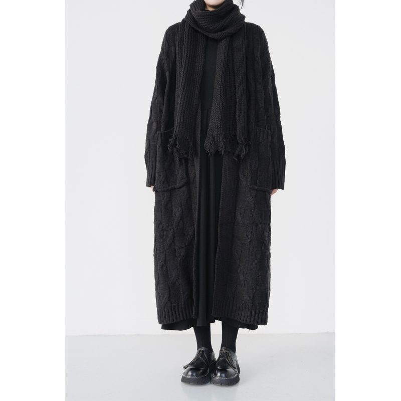 Sanshiyi/Yamamoto Dark Style Hemp Pattern Knitted Sweater Outwear with Open Placket and Buttonless Casual Outwear Gown