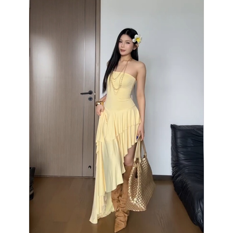 Irregular Yellow Tube Top Dress for Women, Summer Seaside Vacation Dress, Slim Fit, Waist-Cinching, Sexy Hot Girl Long Dress