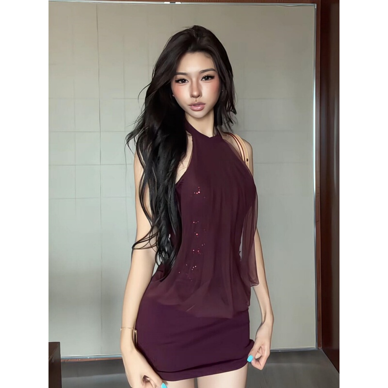Purple Mesh Lace Sequin Halter Neck Dress for Women, Summer Sexy Style, Waist-Cinching, Stunning Bodycon Short Dress