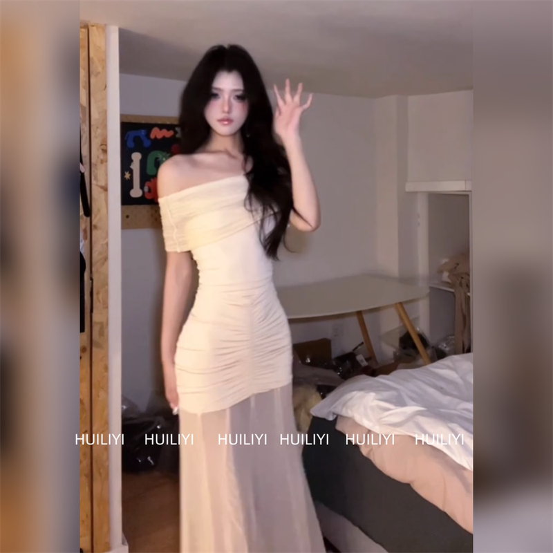 French-Style Mesh One-Shoulder Tube Top Dress for Women, Summer Vacation Style, Sexy and Slim-Fitting, Waist-Cinching, Hip-Hugging Long Dress French-Style Mesh One-Shoulder Tube Top Dress for Women, Summer Vacation Style, Sexy and Slim-Fitting, Waist-Cinching, Hip-Hugging Long Dress