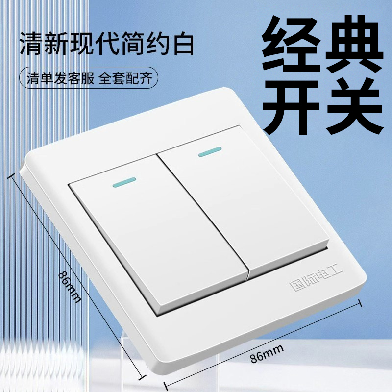 International Electrician Type 86 Double Switch for Home Use, Flush-Mounted, Elegant White, Dual Control, Two-Way Switch, Single Panel