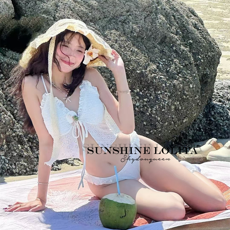 Sunshine Lolita White Strapless Two-Piece Swimsuit for Women, Pure and Sexy, Small Bust, Island Vacation Bikini