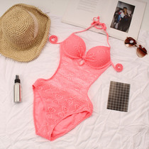 One-piece swimsuit lace woven sexy big backless bikini steel frame big chest gather cover belly thin swimsuit women