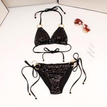European and American sexy strappy black sequined bikini swimsuit womens three-point hot spring swimsuit vacation bikini