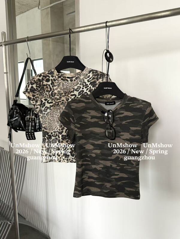 Unmshow Physical Store Same Style 60715 Leopard Print Camouflage Waist-Cinching Shoulder Pad Base T-Shirt