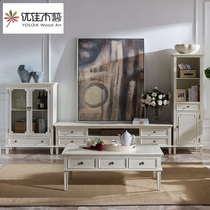 American TV cabinet White all solid wood retro old ground cabinet simple Mediterranean living room TV cabinet coffee table combination