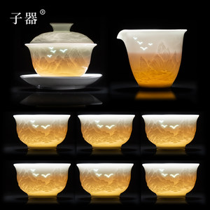 Jingdezhen Ceramic Shadow Green Kung Fu Tea Set for Home Use, Gaiwan Tea Cup, Light Luxury High-End Gift, 2026 New Model