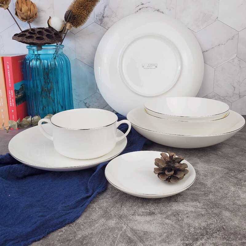 Zara Bone China Double-Handle Bowl with Silver Lines, Simple White Creative Ceramic Bird's Nest Soup Bowl for Home Use