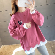 Pregnant womens early autumn fake two pieces of fashion long sleeve sweater womens spring and autumn thin Korean version of loose large size coat tide mother