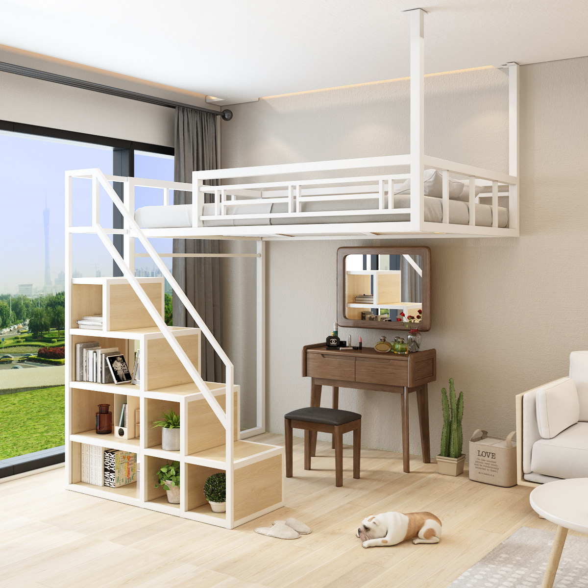 New iron bed spatial duplex two floor aerial bed small household loft bed storage wardrobe elevated bed