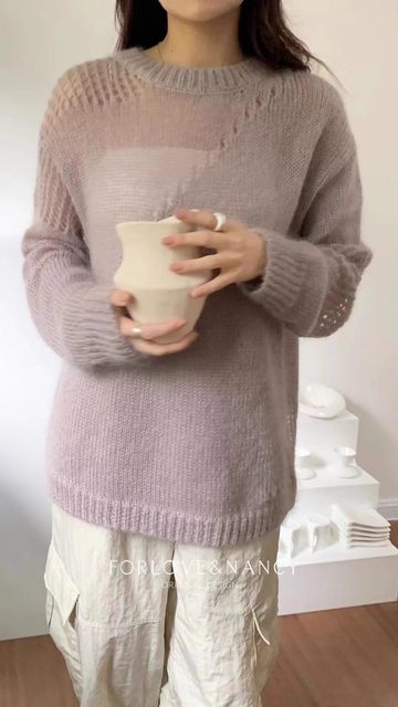 FN ສິບສາມສາຍ Spring Clothes Women's Lazy Style Hollow Design Round Neck Loose Wool Mohair Sweater Women 1303