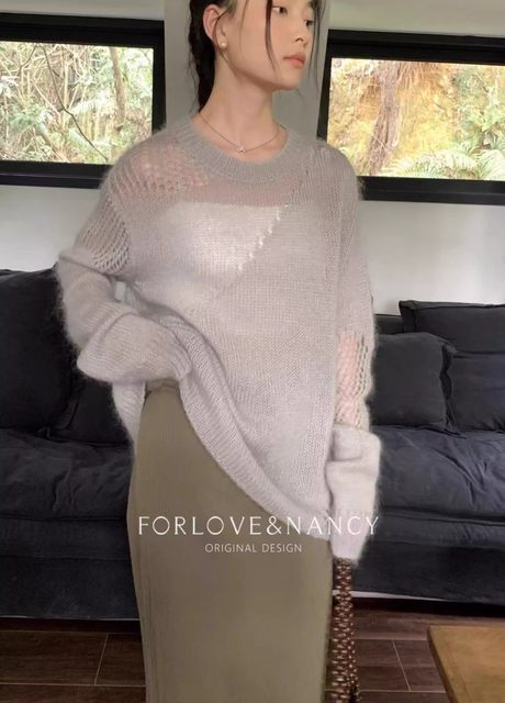 FN ສິບສາມສາຍ Spring Clothes Women's Lazy Style Hollow Design Round Neck Loose Wool Mohair Sweater Women 1303