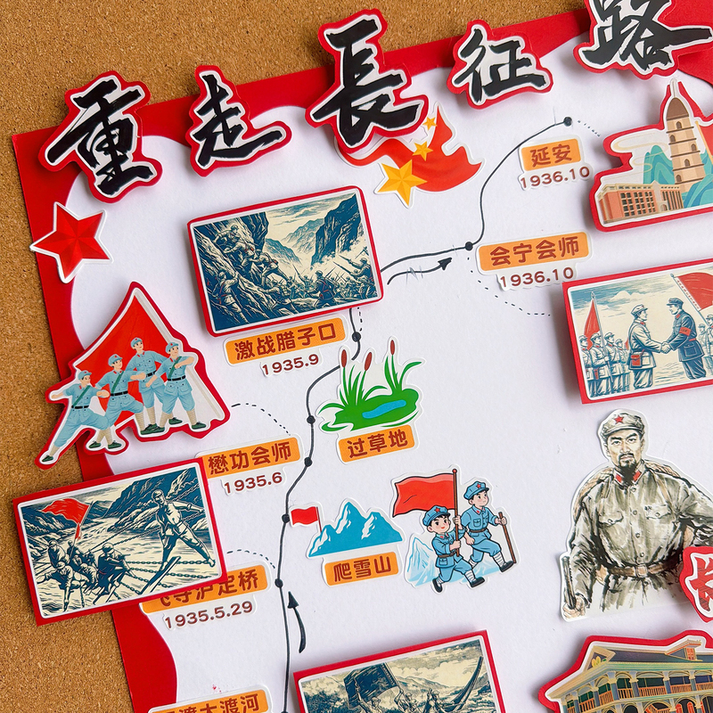Red Culture Retraces the Spirit of the Long March, Historical Theme Sticker Set, DIY Decorative Stickers, Handwritten Newspaper Decoration Stickers