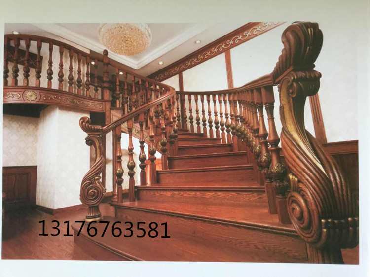 Custom solid wood stairway loft leapfrog whole ladder European-style swivel ladder wood armrest upright post pedal red oak guard rail-Taobao