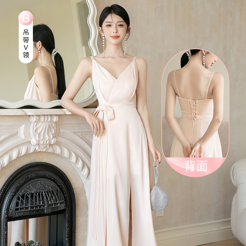  XS+Long, champagne color, V-neckline, mid-length  