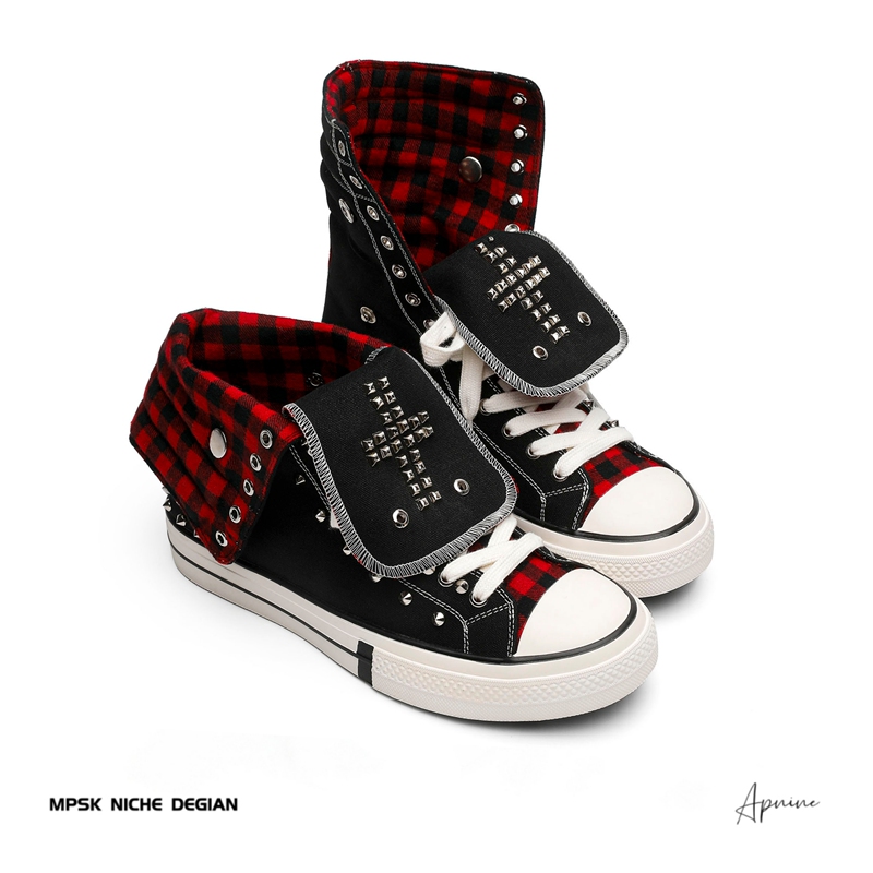 Mpsk Y2K Red Checkered Cross Canvas Shoes Men's Punk Flip-Top High-Top Rivet Vulcanized Shoes Women's Height-Increasing Sneakers