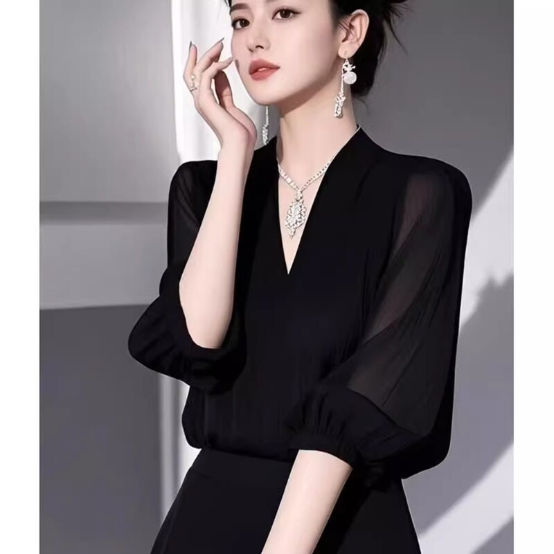 Authentic New 2026 Summer French-Style Light Luxury High-End V-Neck Black Chiffon Shirt with Half Sleeves for Women